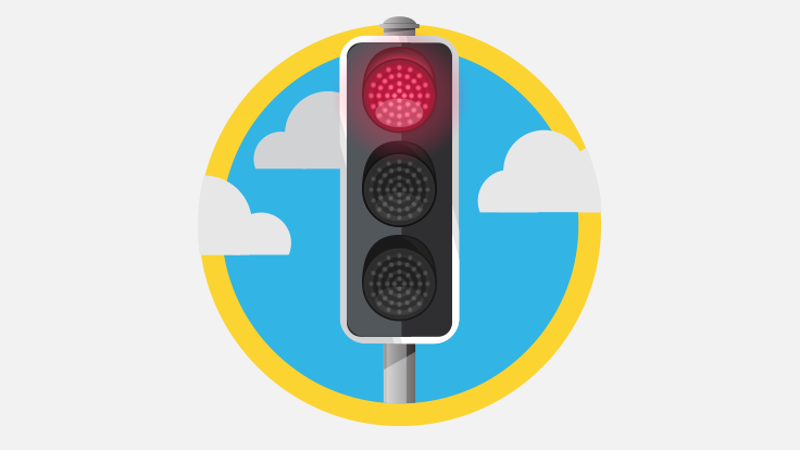 Sketch of red traffic light with clouds behind it