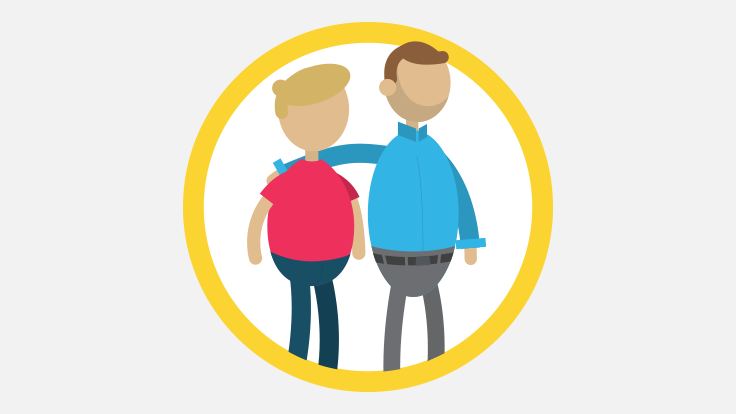 Sketch of two men walking side by side with one of them having their arm on the others shoulder