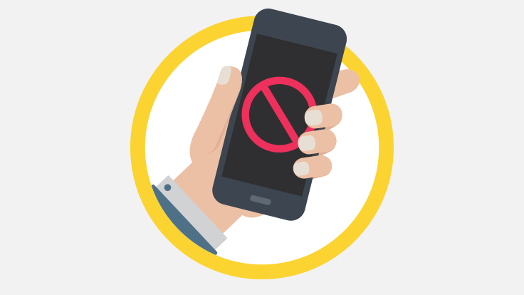 Sketch of a phone in someones hand with a red no-sign in the center of it