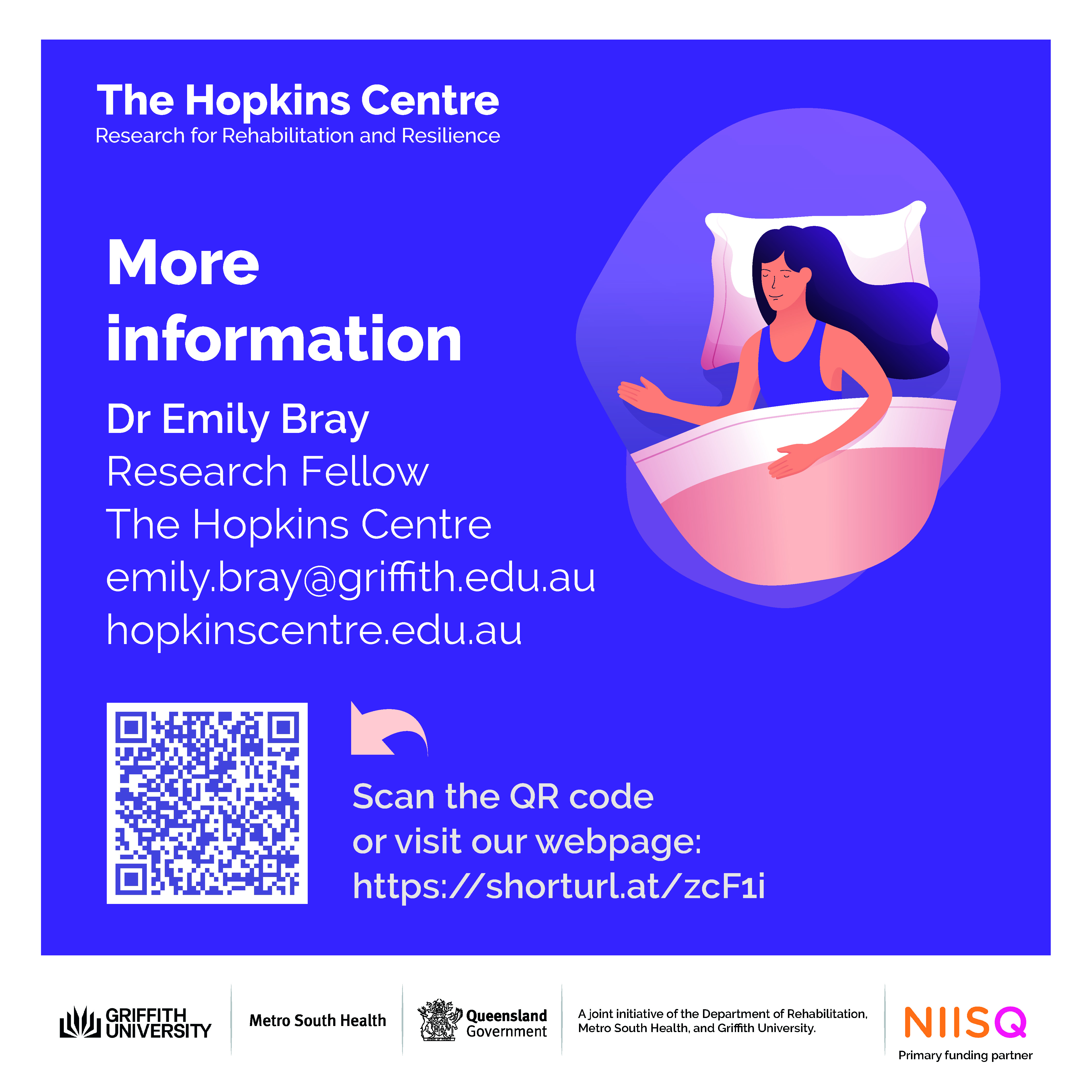 More information: Dr Emily Bray, Research Fellow, The Hopkins Centre. Email: Emily.bray@griffith.edu.au or visit our website http://www.hopkinscentre.edu.au – Scan the QR code or visit our project page at https://shorturl.at/zcF1i.The design features an illustration of a woman with long hair sleeping with her head on a pillow.