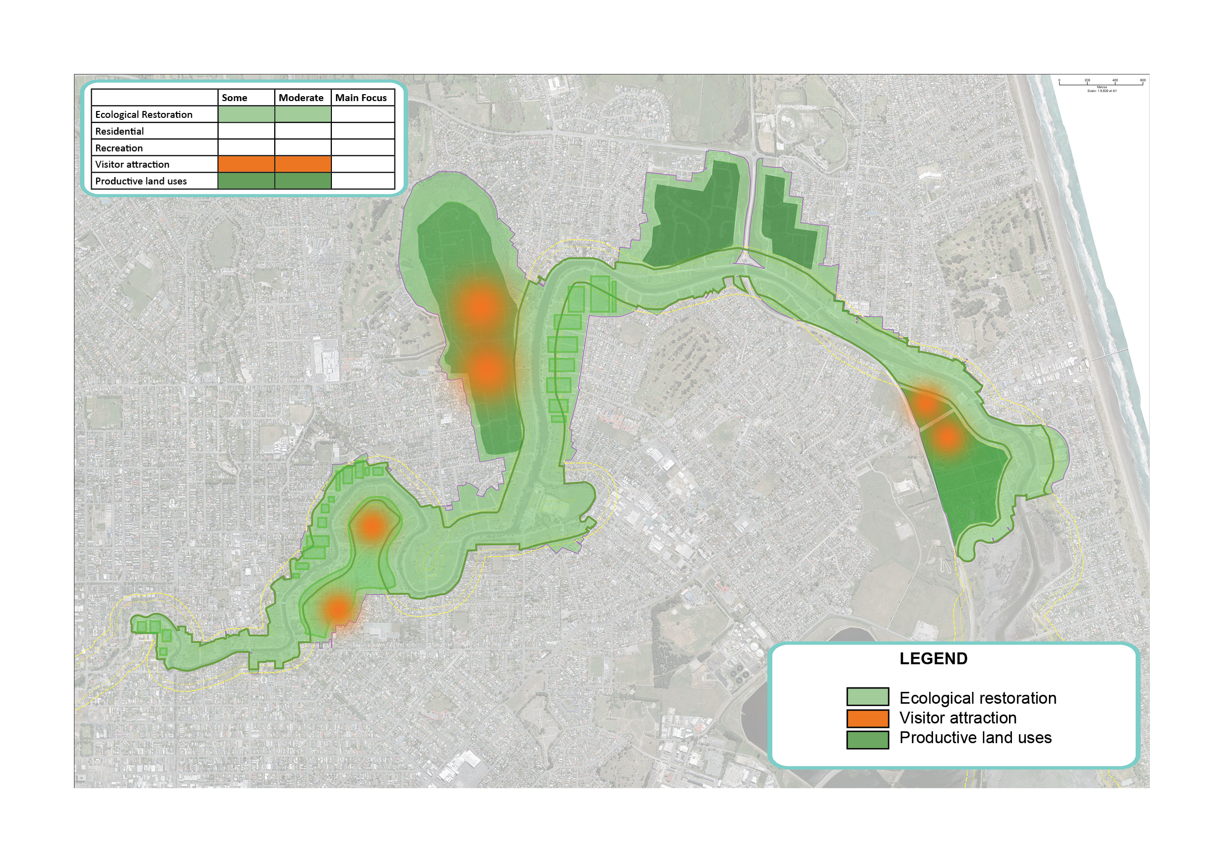 Map showing potential areas for productive land uses, visitor attractions and ecological restoration in the Ōtākaro Avon River Corridor Regeneration Area.