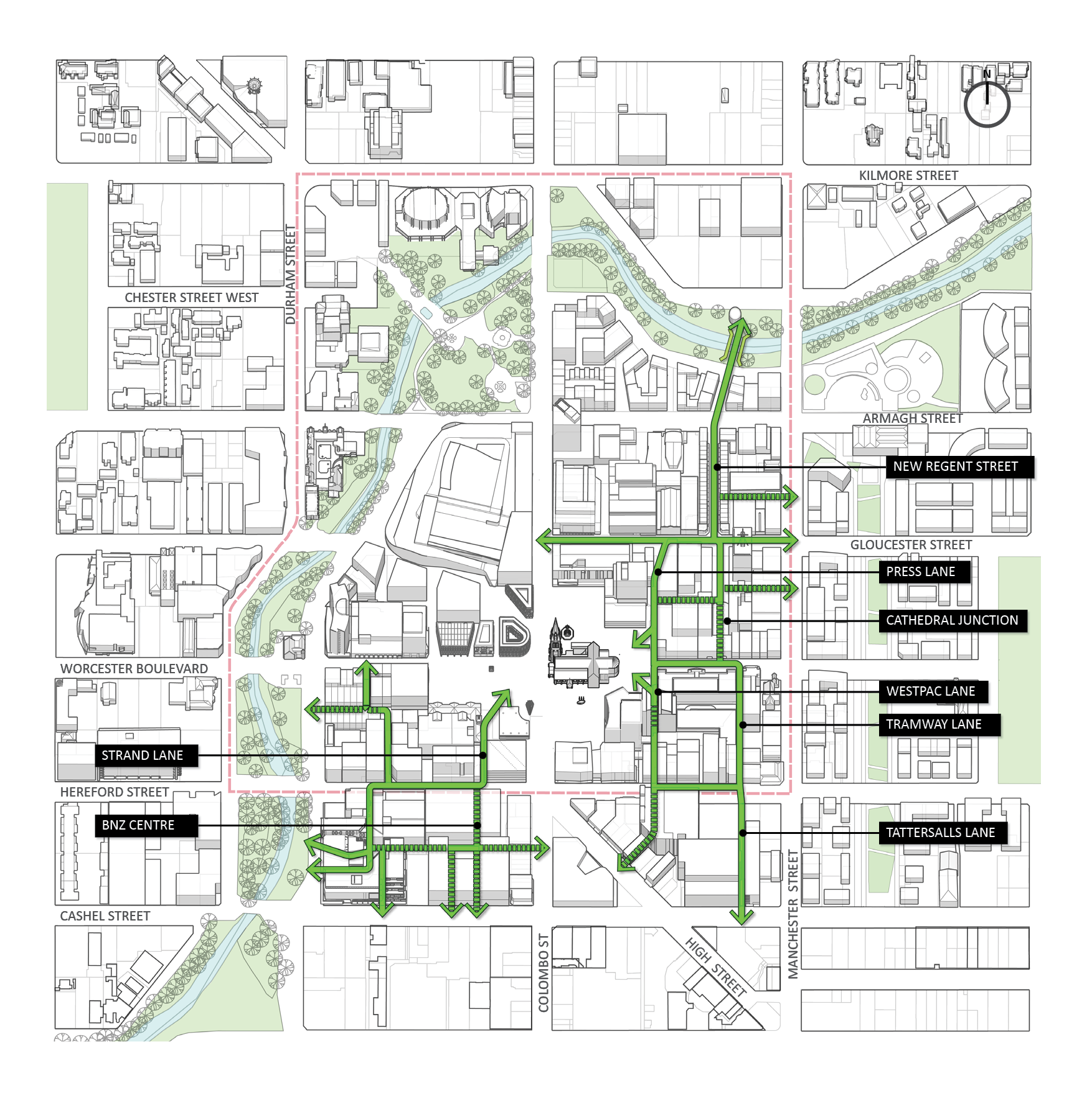 Map diagram of possible upgrades to the streets and lanes in the central city.