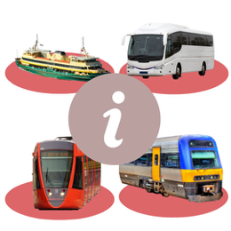 Four types of transport bus, train, tram, ferry with the letter i for information in the middle