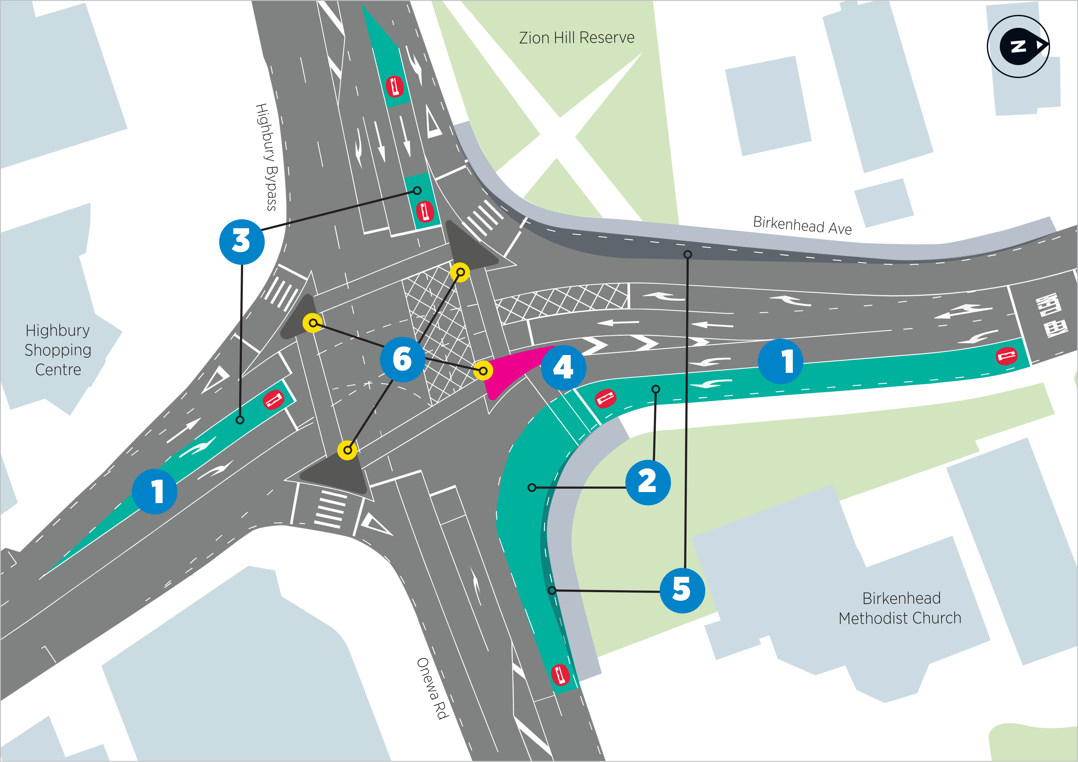 Map of a multi-lane intersection with road markings and numbered points, showing Birkenhead Avenue, Mokoia Road, and Onewa Road. Nearby landmarks include Highbury Shopping Centre, Zion Hill Reserve, and Birkenhead Methodist Church.