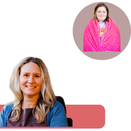 Researcher with Blonde hair sitting and in the top corner person with disability , symbolizing a one on one chat