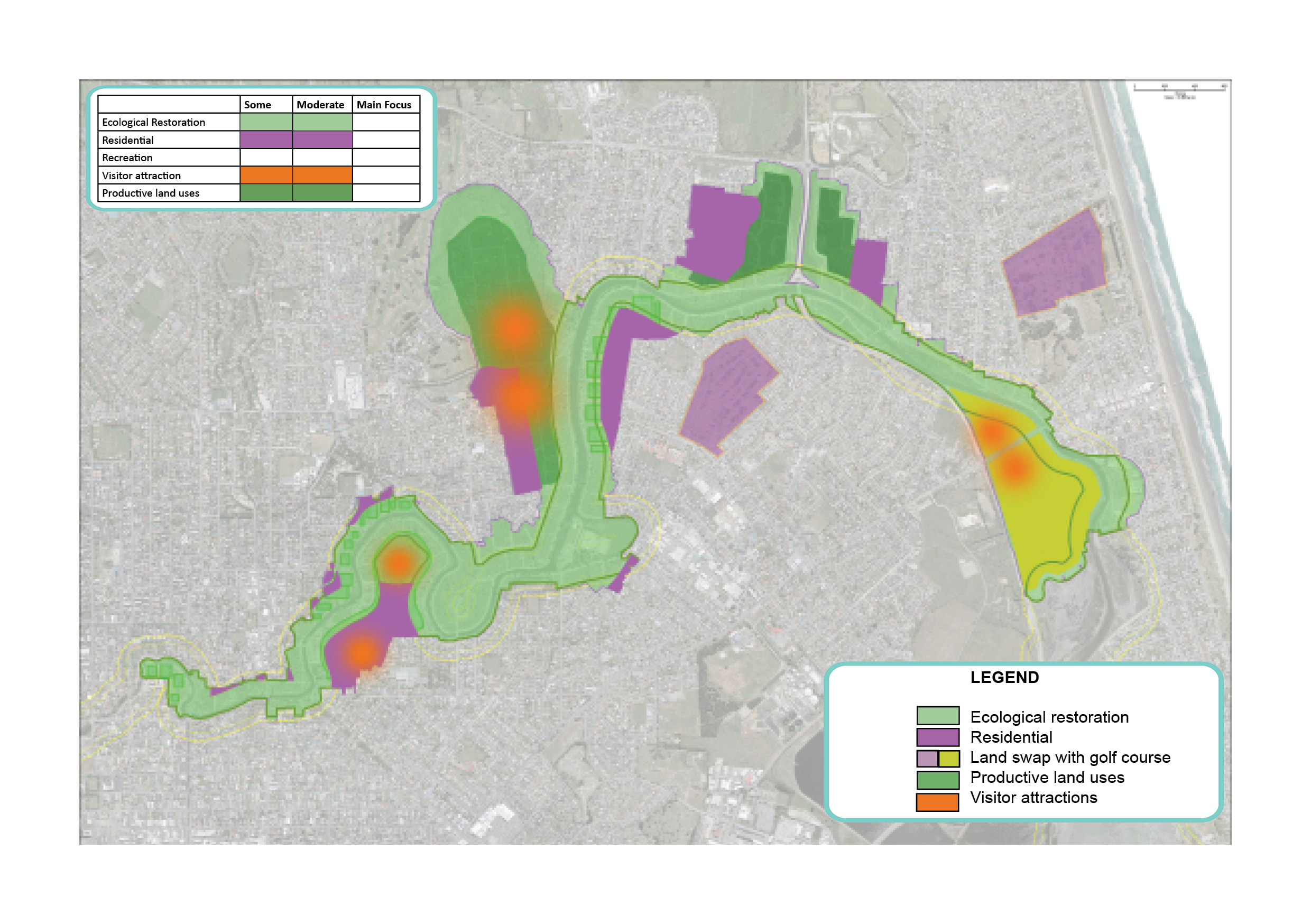 Map showing potential areas for productive land uses, residential, visitor attraction and ecological restoration in Ōtākaro Avon River Corridor Regeneration Area.