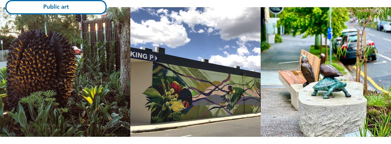 Image of a large-scale Black Ash tree seed pod sculpture called Crows Ash (2022) by Cezary Stulgis. The textured cast aluminium sculpture is placed within streetscape planting and adjoins a seating area greatly enhancing amenity and sense of place.  Image of a streetscape with mural artwork on a building façade featuring a nature scene with lorikeets visiting native flowering trees by the artist Drapl. Image of a streetscape with the whimsical, cast bronze artwork Ride with me (2022) by Simone Eisler. The engaging, small scale animal sculptures are integrated with the street furniture and buffered by a garden bed and shade trees encouraging play and discovery.  The artwork includes an owl with a frog sitting on its head leaning towards the bench seat ready for a conversation, while a duck standing on a turtle resting upon the rock seat is an opportunity to pause and interact.