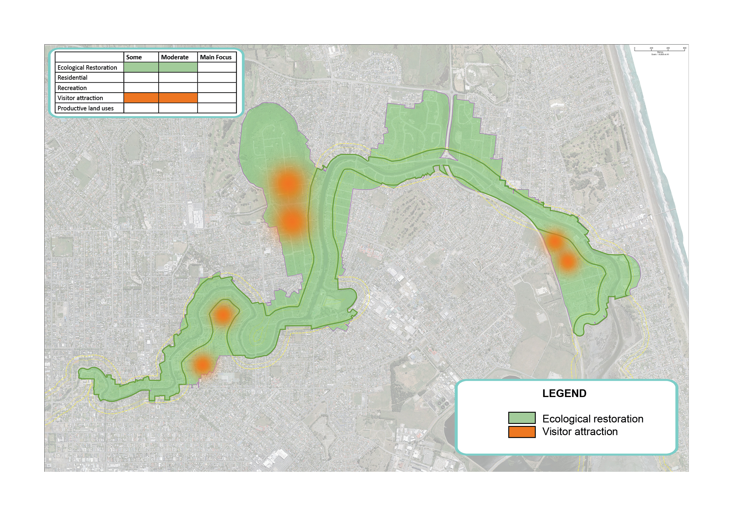 Map showing areas for visitor attraction and ecological restoration in the Ōtākaro Avon River Corridor Regeneration Area