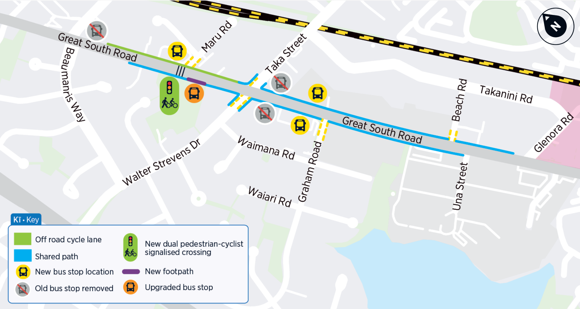 Map of Great South Road highlighting proposed walking and cycling routes, upgraded and relocated bus stops, new footpaths, and a signalised pedestrian–cyclist crossing.