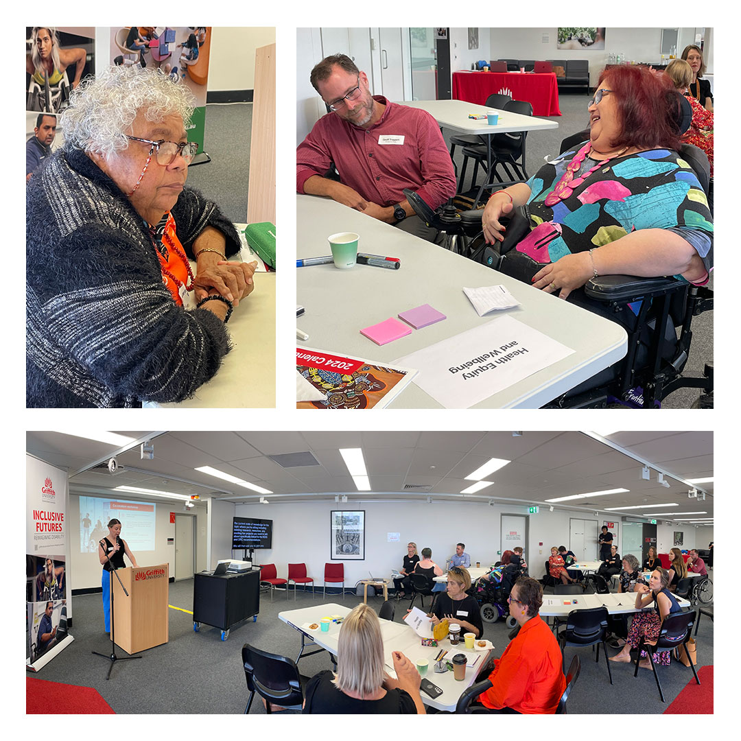 Photo montage from an Inclusive Futures: Reimagining Disability event at Griffith University, showing participants engaged in discussion at tables and a presenter speaking at a lectern to a room of attendees