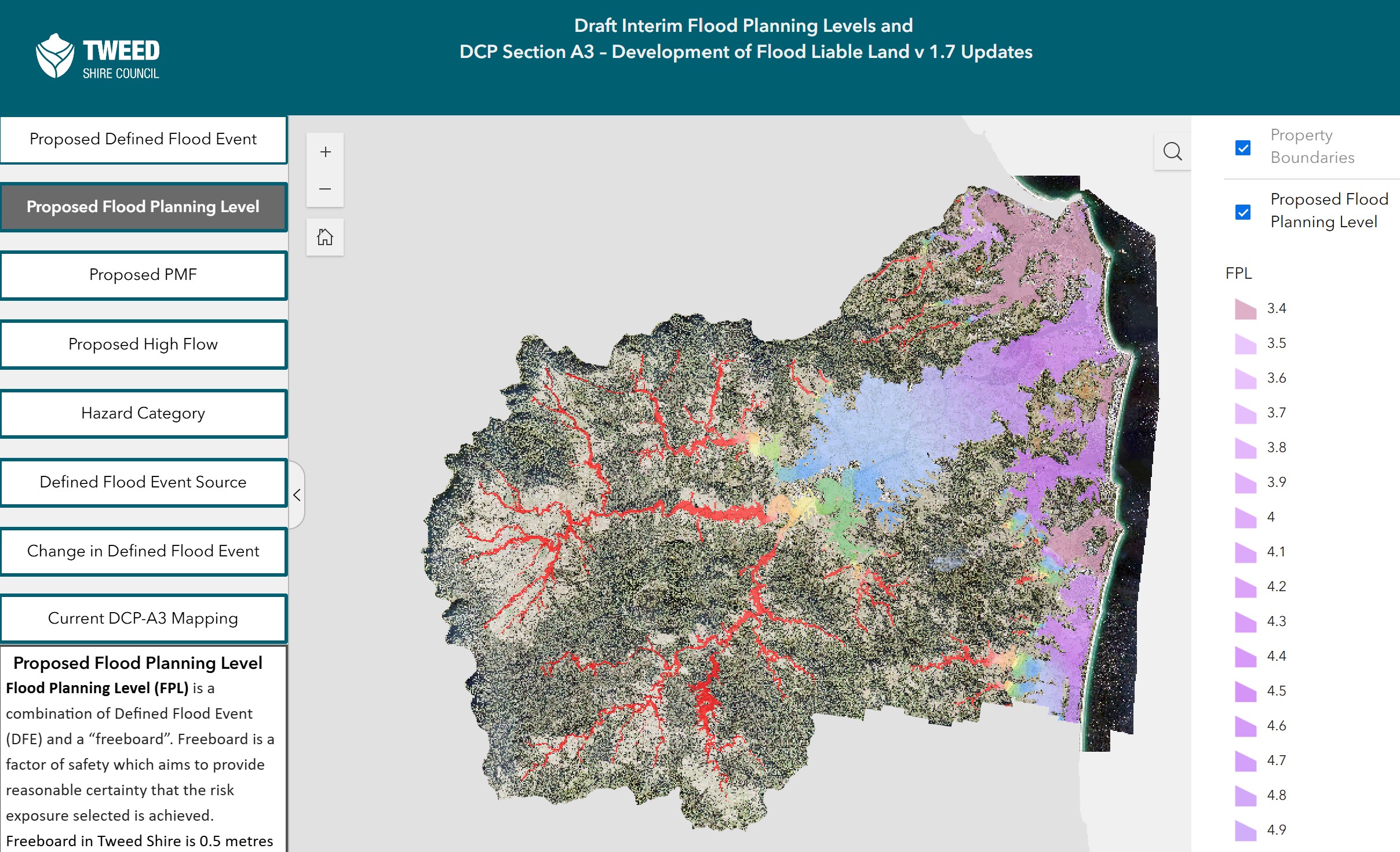 Screenshot of Tweed Shire Council’s interactive flood planning map showing proposed flood planning levels across the Tweed region. The map includes a color-coded legend for flood planning levels (FPL) ranging from 3.4 to 4.9 meters, property boundaries, and red lines indicating waterways. A sidebar on the left lists options such as Proposed Flood Planning Level, Proposed PMF, Proposed High Flow, Hazard Category, and Current DCP-A3 Mapping.