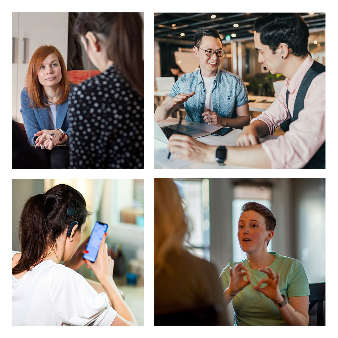 A four-image collage showing staff and students meeting over coffee to practise and share Auslan. The images include people engaged in conversations: two women talking in a café; two men (one with a hearing aid) signing and discussing at a table; a woman with a hearing device using her phone for translation during a meetup; and a person signing while speaking with others. The scenes highlight inclusive, social spaces for deaf and hard of hearing community members to connect and communicate.