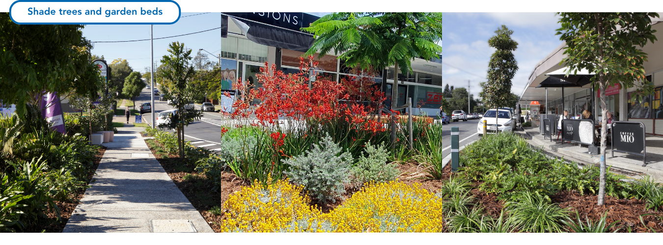 Image of a streetscape with garden beds and feature shade trees reflective of the local neighbourhood creating a more pleasant environment for people walking through and visiting the centre. Detail of planting bed incorporating a shade tree surrounded by a colourful mix of ground covers and grasses creating an eye-catching streetscape.  Image of a pedestrian footpath with garden bed buildouts and street trees to add additional shade and amenity creating, a more welcoming environment for everyone to enjoy.