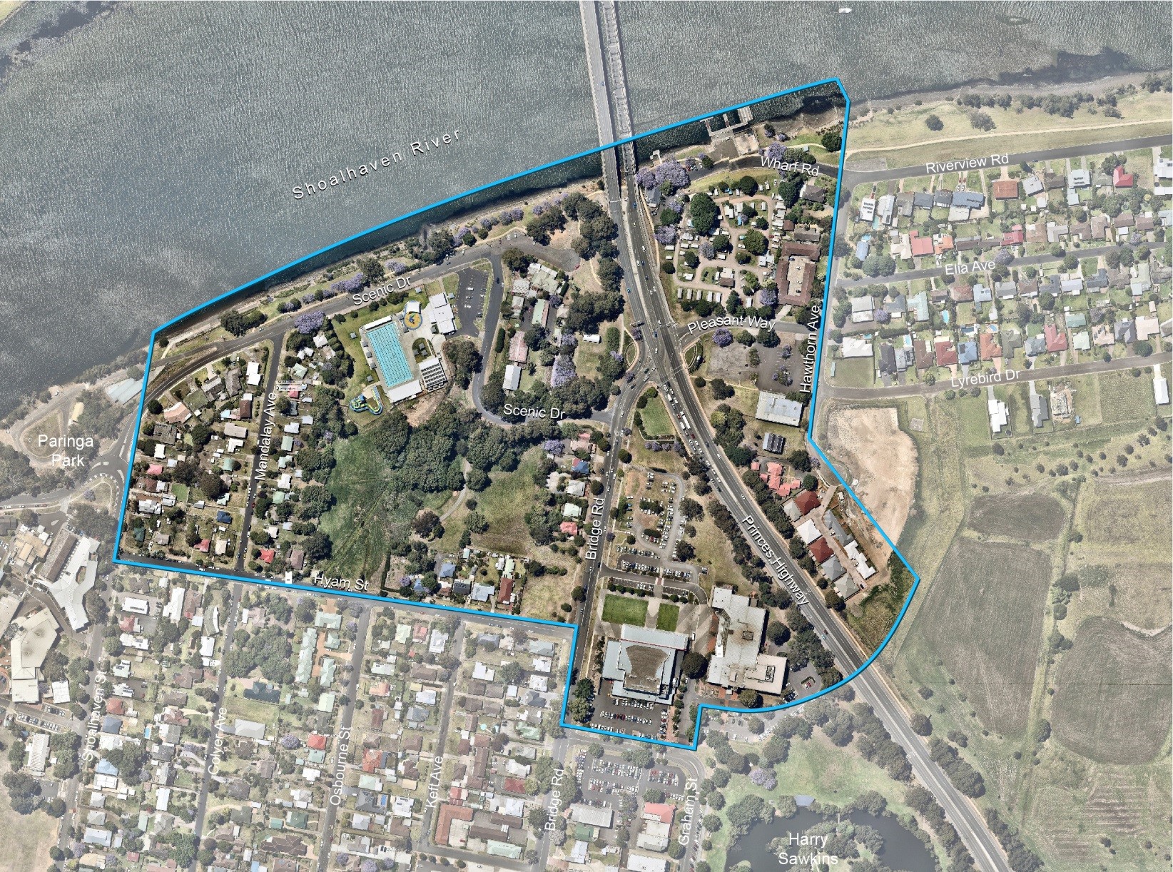 Nowra’s Riverfront Precinct is bound by Scenic Drive to the north, Hawthorn Avenue to the east, Hyam Street and Graham Street to the south and Shoalhaven Street to the west (outlined in blue on the map).
