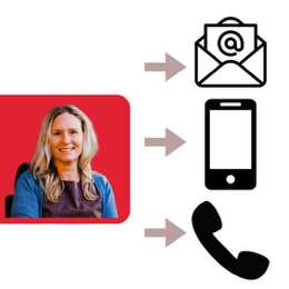 researcher with blonde hair sitting with three arrows net to them one image of email, tablet or phone