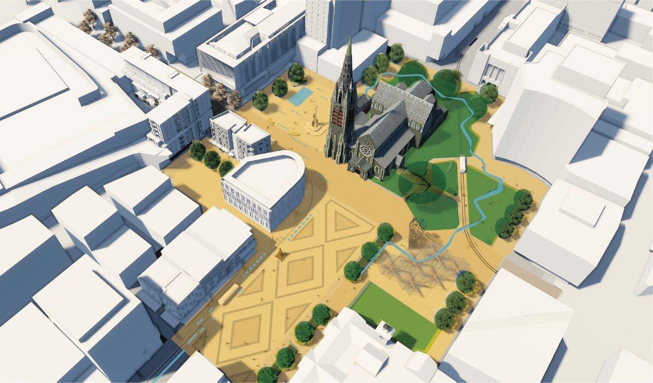 Artist's impression: oblique aerial view of water and planted areas in Cathedral Square and surrounds