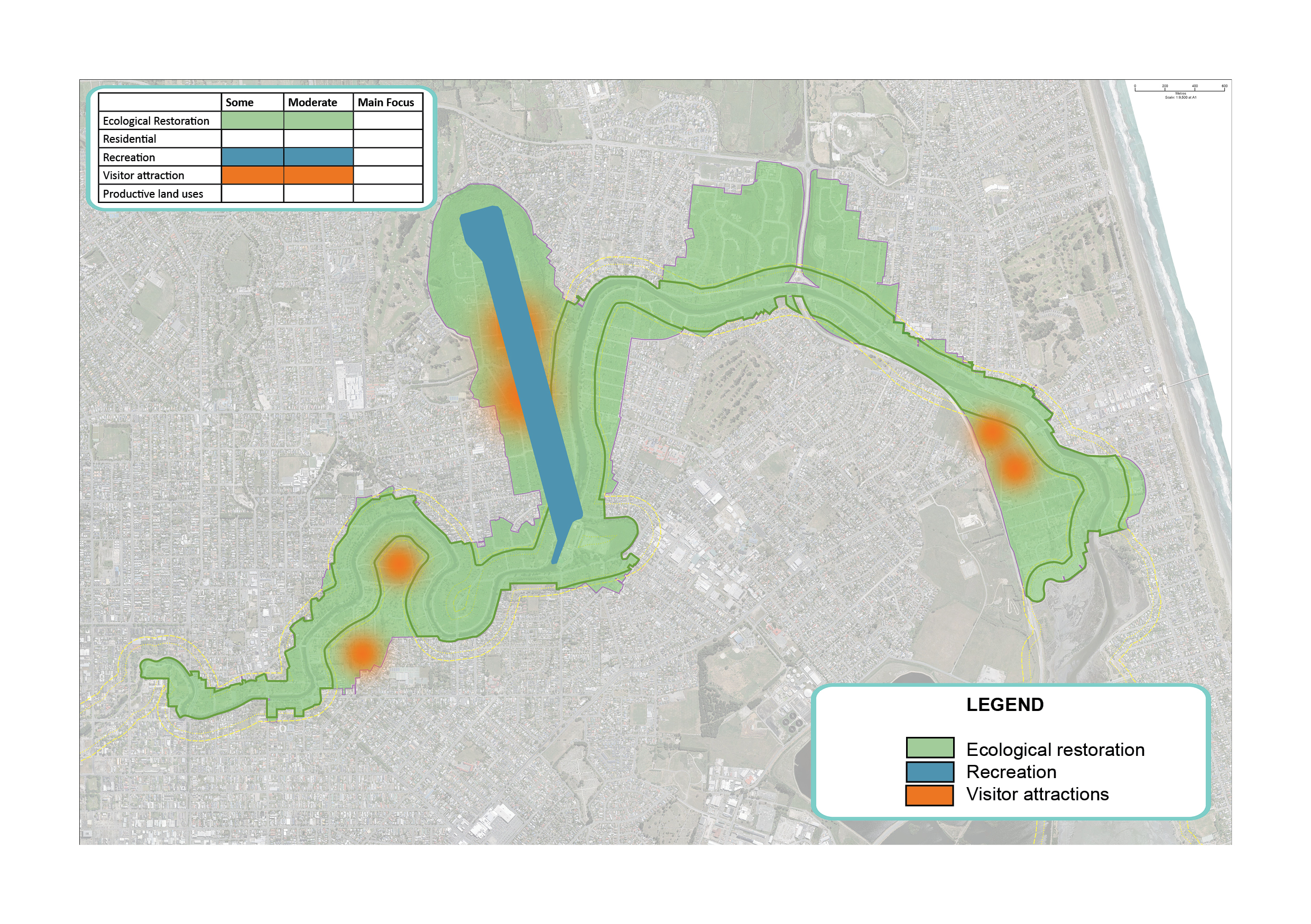 Map outlining potential areas for recreation (including 2.2km out-of-river flatwater facility) visitor attractions and ecological restoration, in the the Ōtākaro Avon River Corridor Regeneration Area.