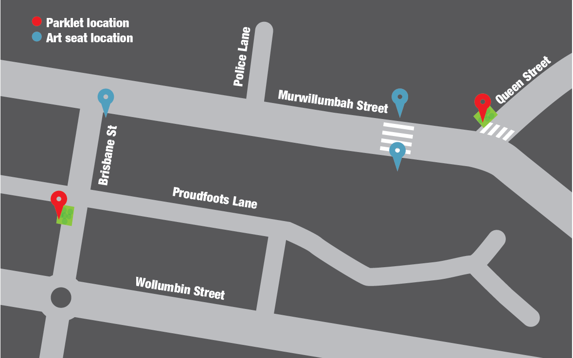 Map indicating locations of parklets and art seats.