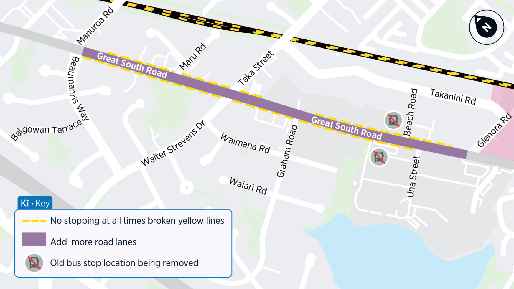 Map showing proposed Great South Road changes, including additional traffic lanes, new no‑stopping areas, and removal of existing bus stops between Manuroa Road and Glennora Road.