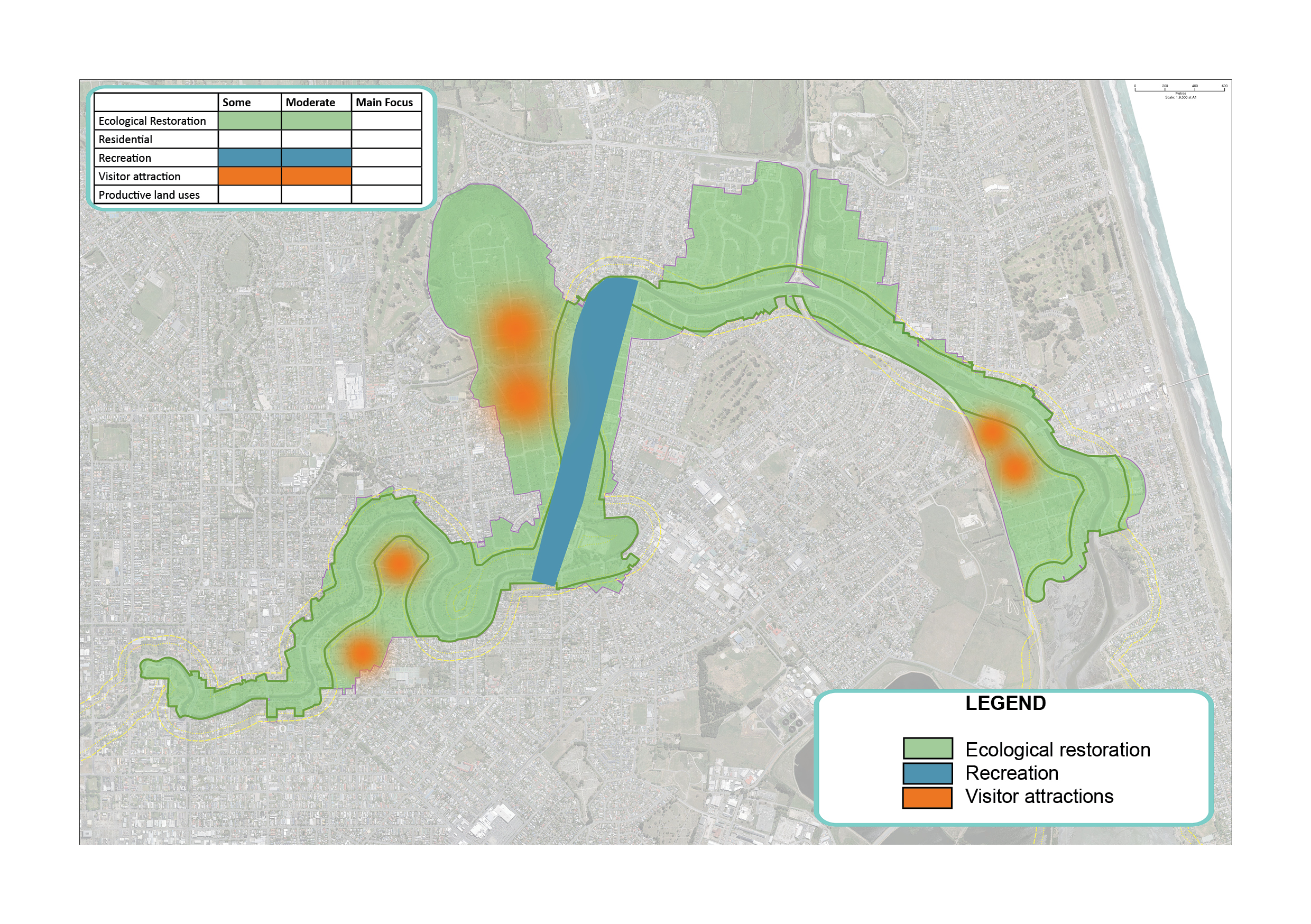 Map showing potential areas for recreation (including 2.2km in-river flatwater facility), visitor attractions and ecological restoration.