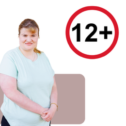 Woman standing with symbol next to them saying 12 years plus