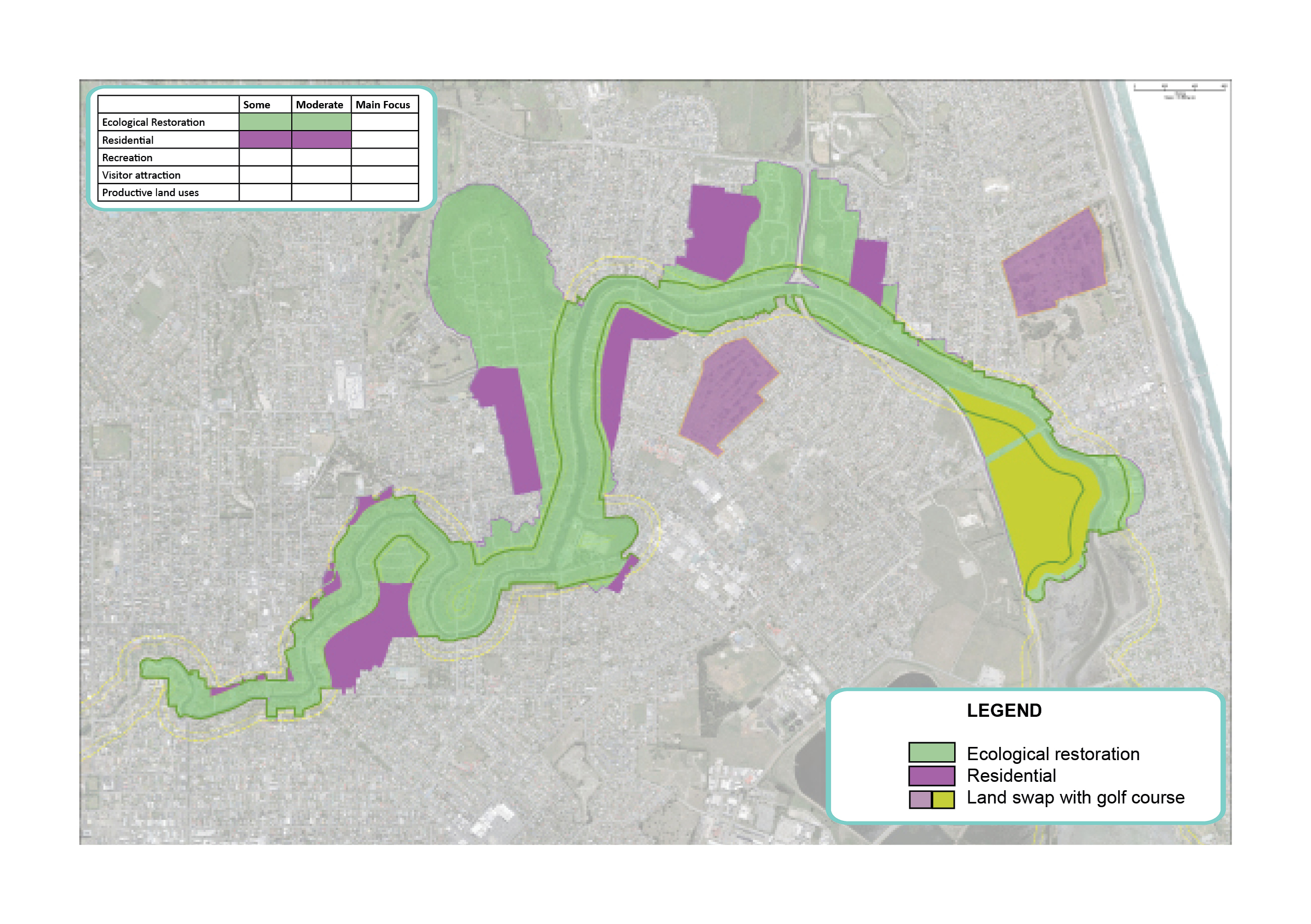Map outlining potential areas in the Ōtākaro Avon River Corridor Regeneration Area for ecological restoration and residential land use.