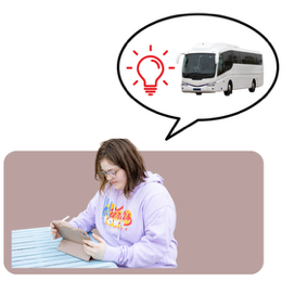 person with a disability with their tablet sitig at a table and above a thought bubble with ideas light bulb and bus