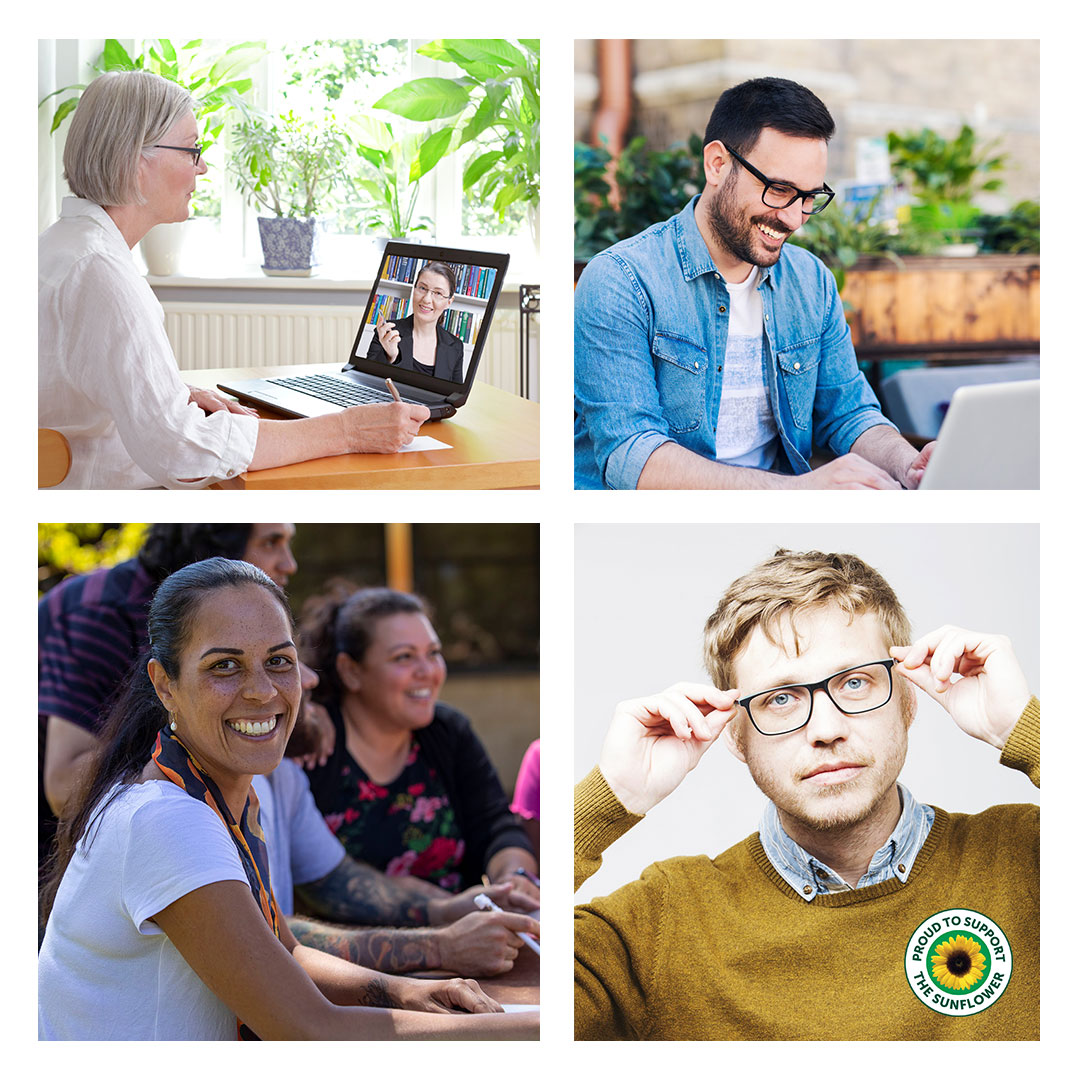 Four-photo collage representing people with invisible disabilities in everyday life. Top left: a woman smiling during a video call, showing remote connection and support. Top right: a man working on his laptop in a café, appearing engaged and comfortable. Bottom left: a woman smiling while participating in a group activity, highlighting community inclusion. Bottom right: a man adjusting his glasses and wearing a badge with the Hidden Disabilities sunflower symbol, indicating he may have an invisible disability.