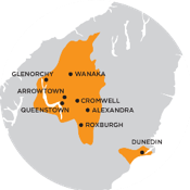 This map shows network supply boundaries. The bottom of the South Island is coloured grey and the area managed by Aurora Energy is coloured orange. The orange areas show Dunedin, Central Otago and Queenstown Lakes which make up the Aurora Energy Electricity Network .