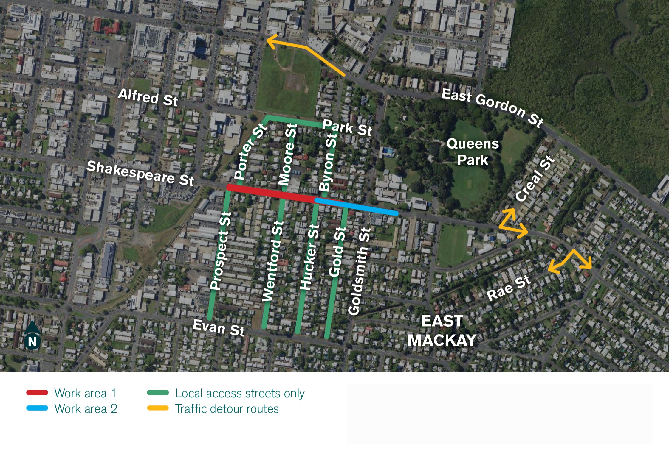 Map showing detour via Creal and Rae streets, and East Gordon Street