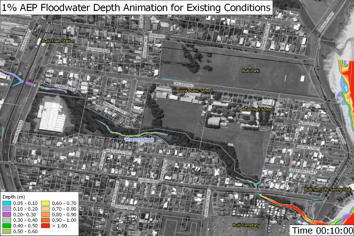 1%  AEP floodwater depth animation for existing conditions