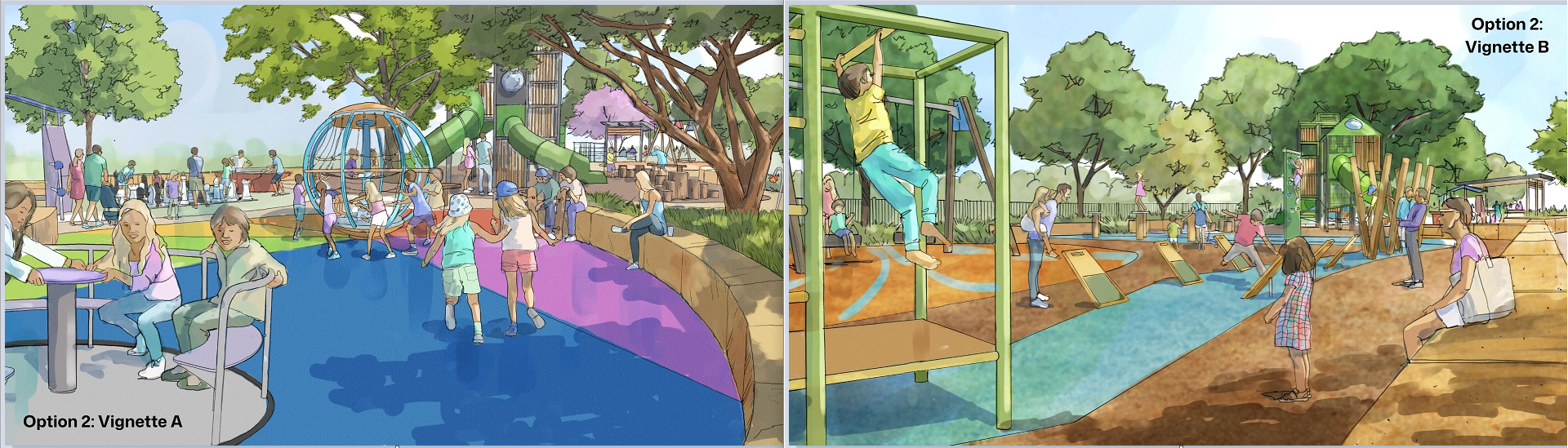 Graphical images showing Option 2 zoomed in views of the accessible spinners and ninja warrior course