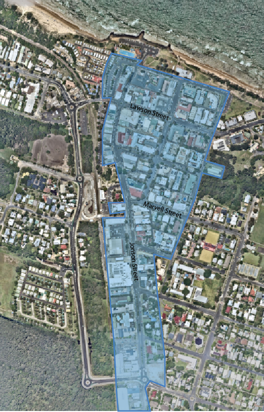 The image shows a map with an area outlined in blue, bordered at the north by Bay Street, at the east by Middleton Street (to Carlyle Street) and Middleton lane, at the south by Browning Street and the rail line, and at the west by the rail line and the Lawson street north car park.