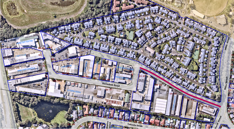 Arial photograph of Ourimbah Road in Tweed Heads, NSW. The red line indicates the location of upcoming roadworks. The line runs from Ourimbah Road's intersection with Ducat Street and runs up until the first bend on the left hand side. 