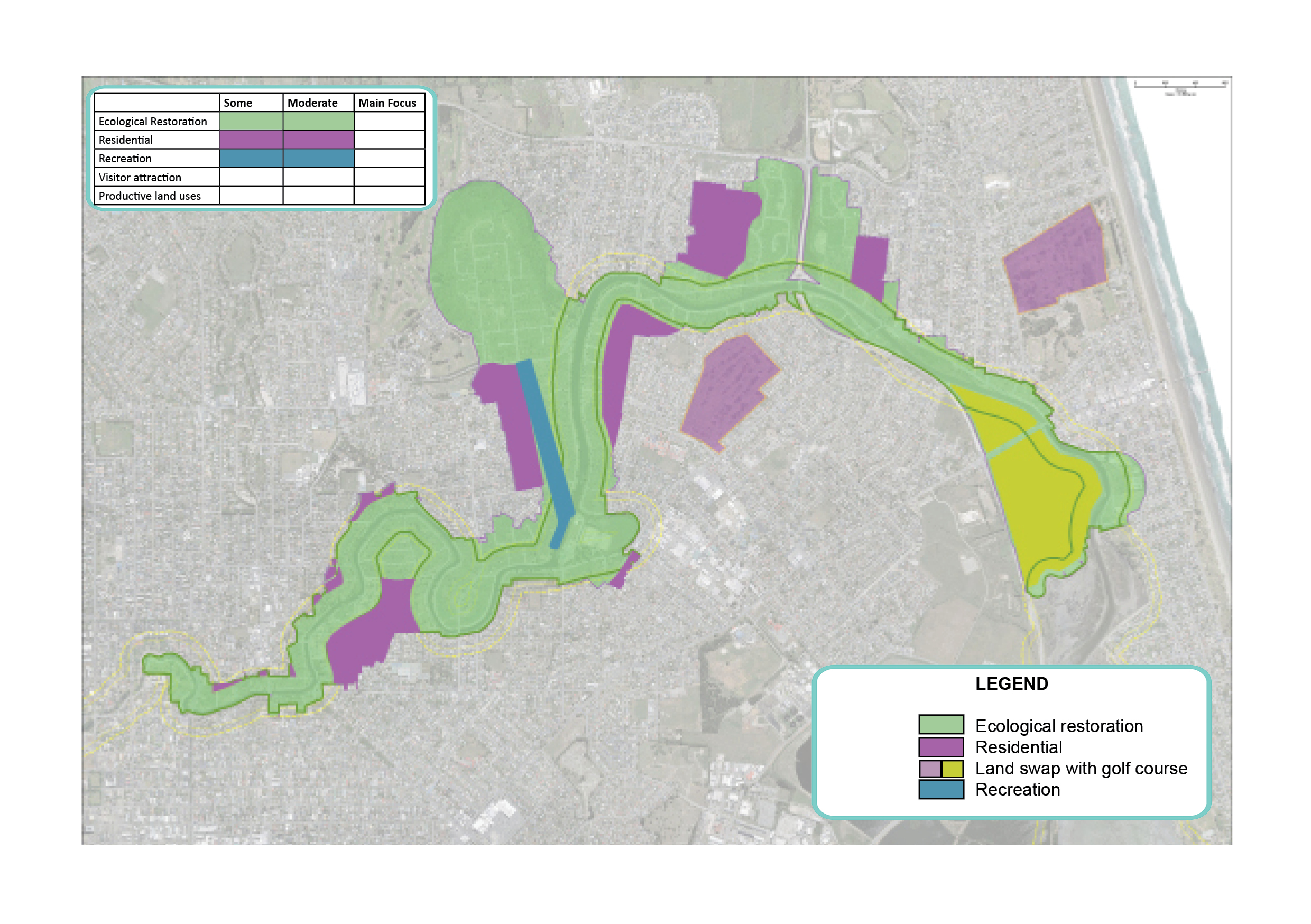 Map showing potential areas for recreation (including 1.1km out-of-river flatwater facility), ecological restoration and residential.