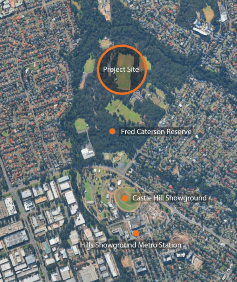 Aerial showing the project site location for the upgrade of Fred Caterson Reserve Fields 1, 2 and 3.
