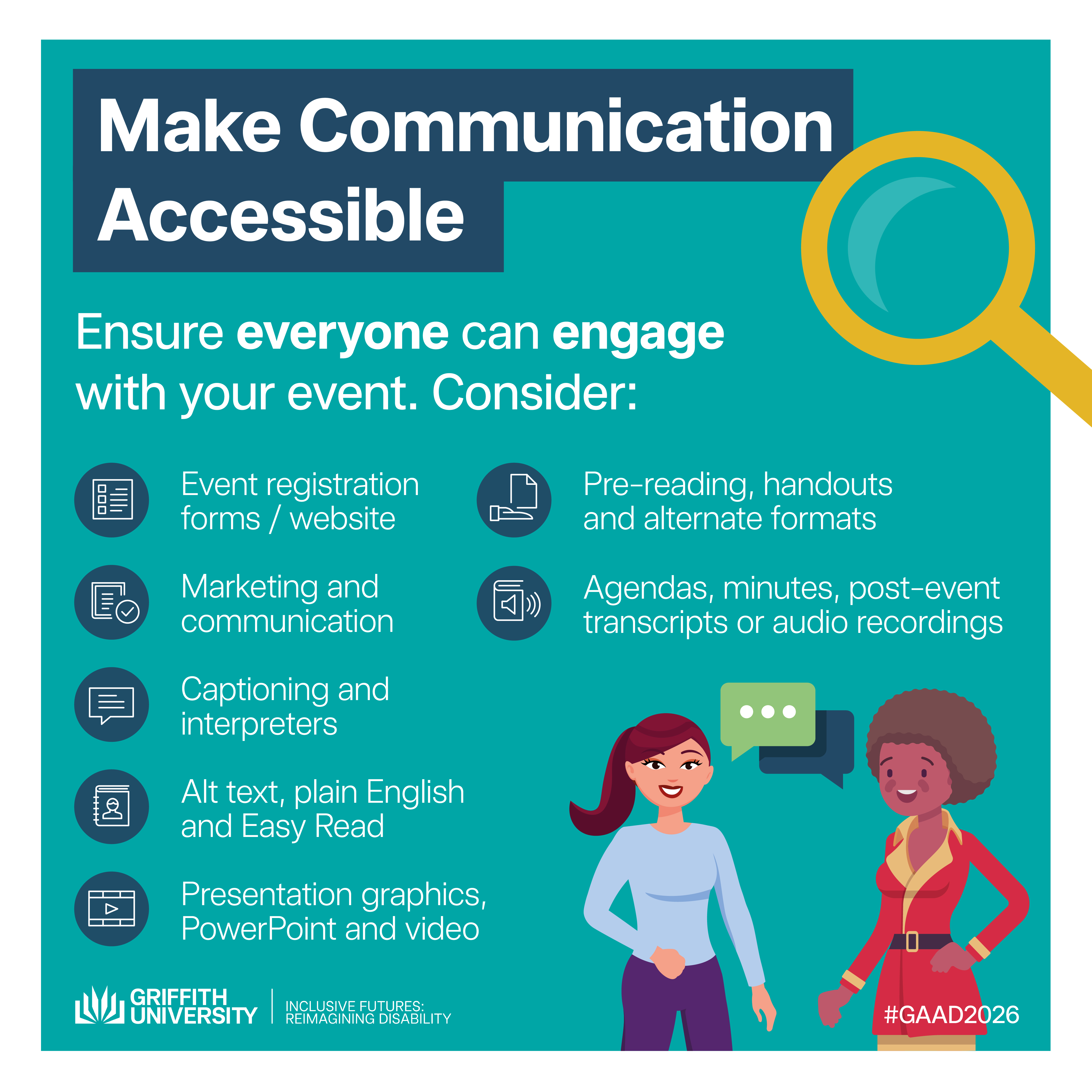 Tile titled "Make Communication Accessible" listing eight considerations to ensure everyone can engage with event information. Features an illustration of two women in conversation. #GAAD2026.