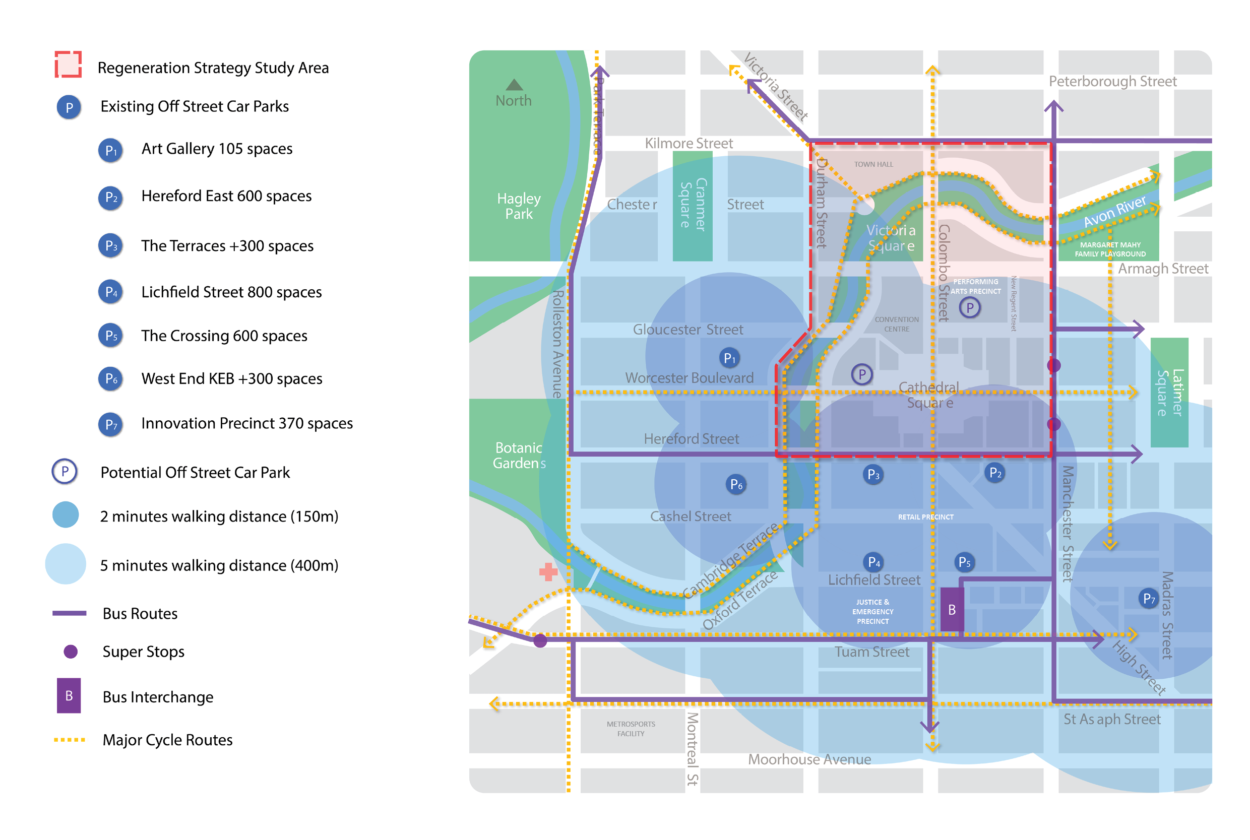 map for key move 3: improving connectivity, showing parking and walking distances.