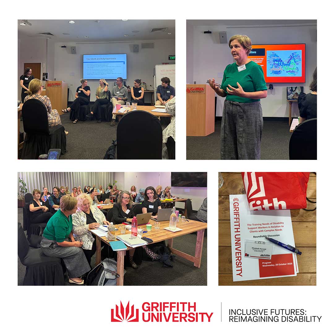 A montage of four images from the roundtable event from top left: Panel discussion; A/Prof. Margaret Gibson addresses the audience; program booklet and name tag with a pen and a folded Griffith University banner; participants in the workshop collaborate on activities.