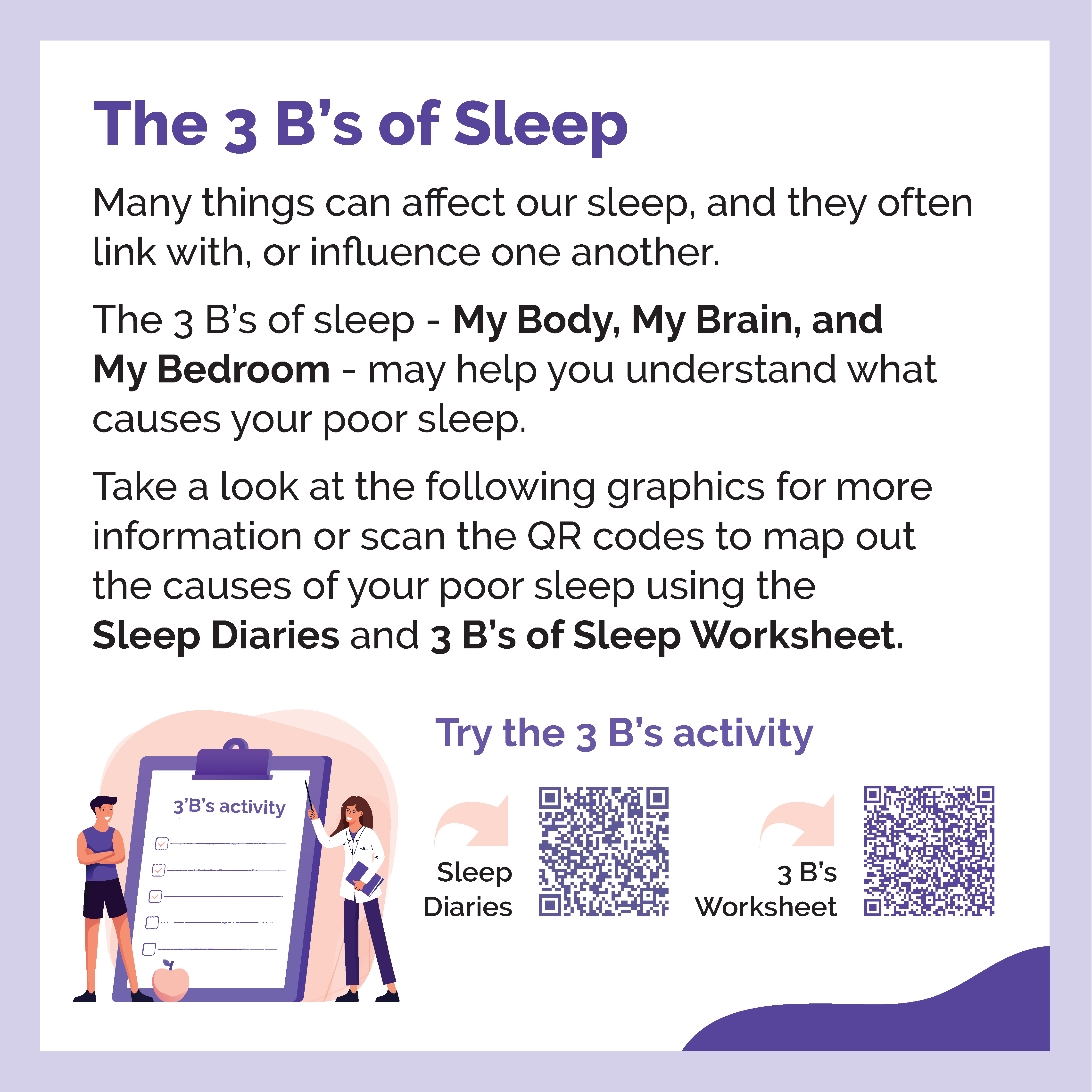 Infographic titled “The 3 B’s of Sleep.” It explains that many factors can affect sleep and influence one another. The 3 B’s — My Body, My Brain, and My Bedroom — may help identify causes of poor sleep. The text encourages readers to explore more graphics or scan QR codes to complete the Sleep Diaries and 3 B’s of Sleep Worksheet. At the bottom, there’s an illustration of two people beside a large clipboard labelled “3 B’s activity” and two QR codes labelled “Sleep Diaries” and “3 B’s Worksheet.”