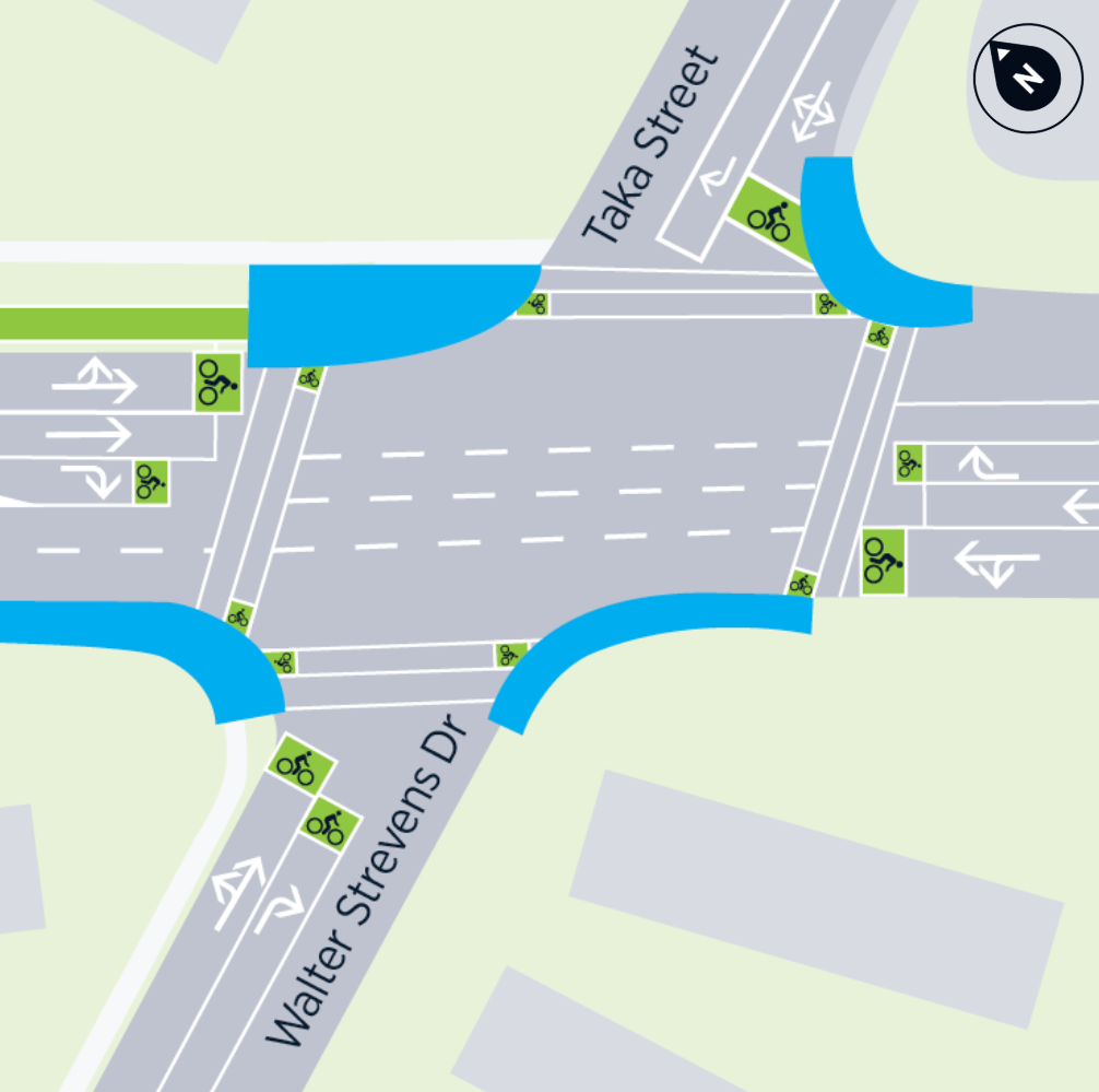 Detailed map of the Taka Street and Walter Strevens Drive intersection showing redesigned crossings, protected cycle movements, and changes to lane layout.