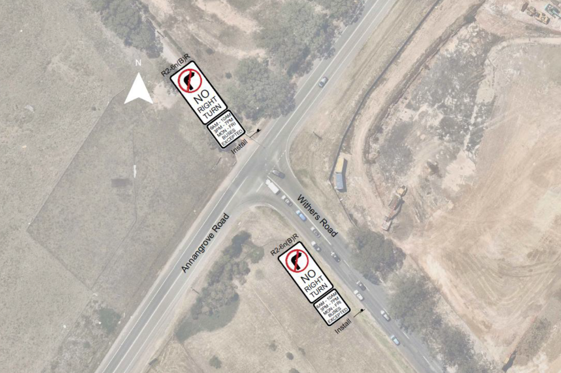 Aerial showing the installation locations of the 'No Right Turn' signs at the Withers Road and Annangrove Road intersection.