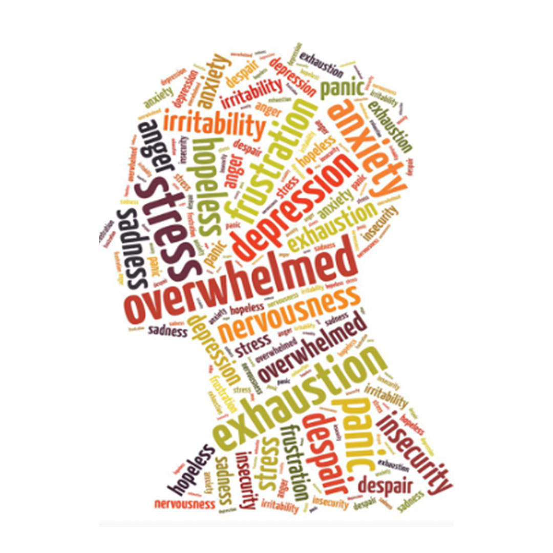 Word jumble in the shape of a persons head with a range of words describing mental health ie: Stress, Overwhelmed, Exhaustion, Anxiety, Panic, Despair. etc.