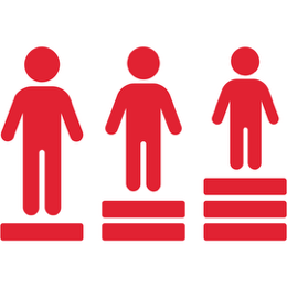 Equity diagram a person standing with one level underneath, person next to them smaller but with two levels underneath brigin to the same height as the first, and third person smaller but with three levels underneath to bringing them to same height as the other two