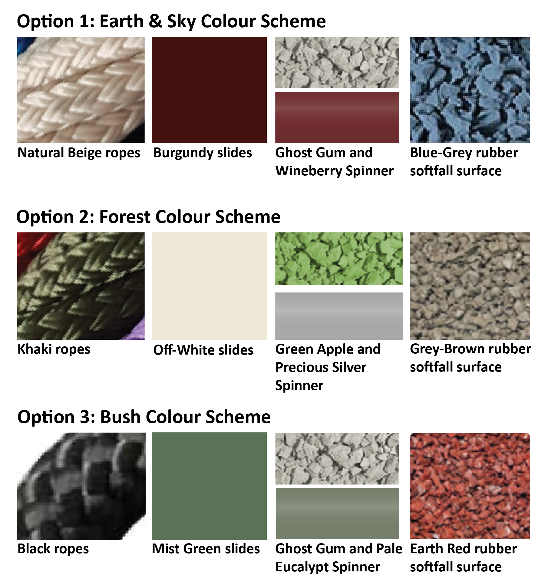 Image of three options for the colour schemes for the play equipment