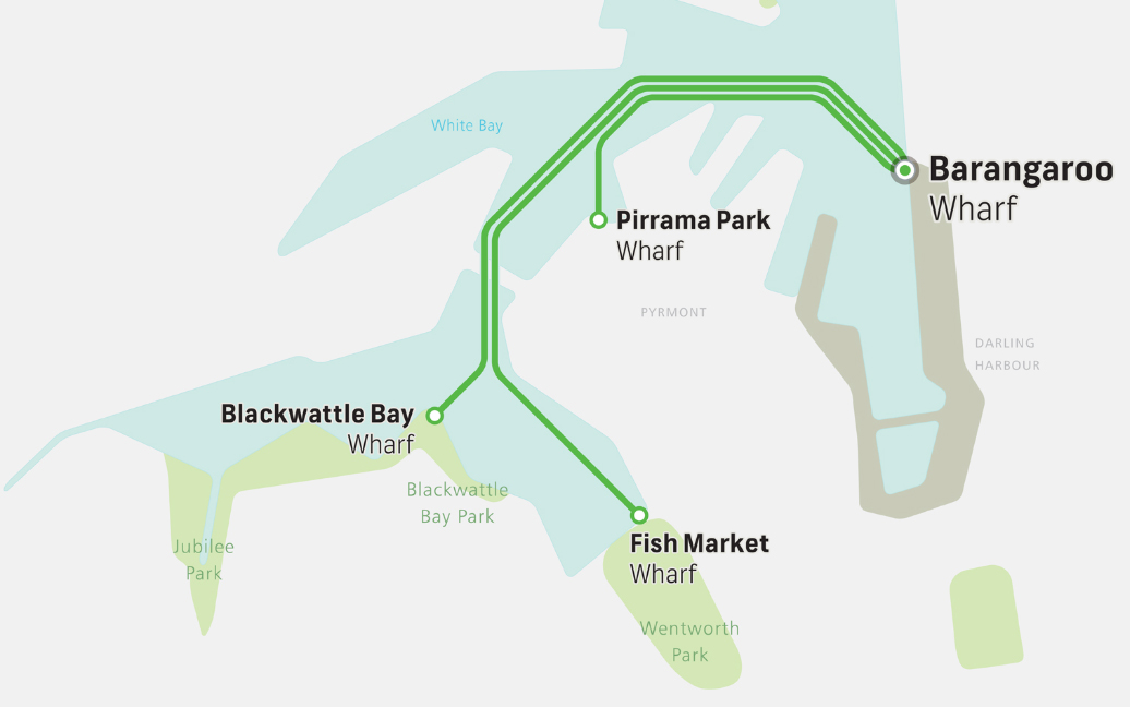On Demand ferry trial map - Barangaroo - Pirrama Park - Fish Market - Blackwattle Bay