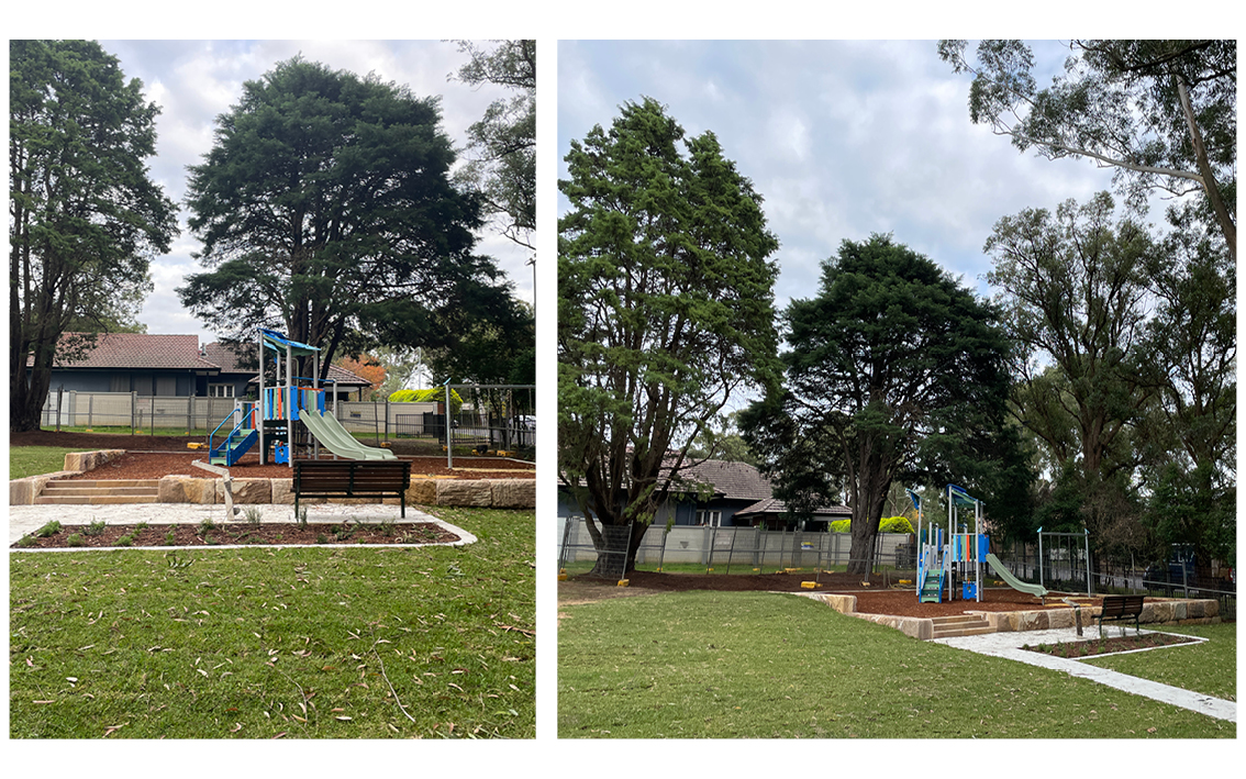 2 photos of the new playground at Charlish Park
