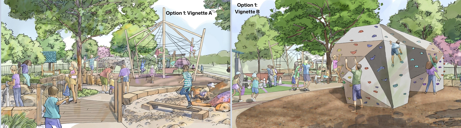 Graphical images showing Option 1 zoomed in views of the dry creek bed and the bouldering climbing unit