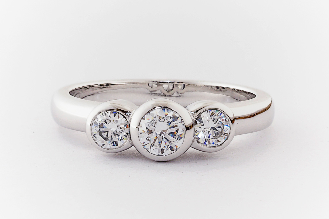 18ct white gold bezel set trilogy ring EverettBrookes Jewellers