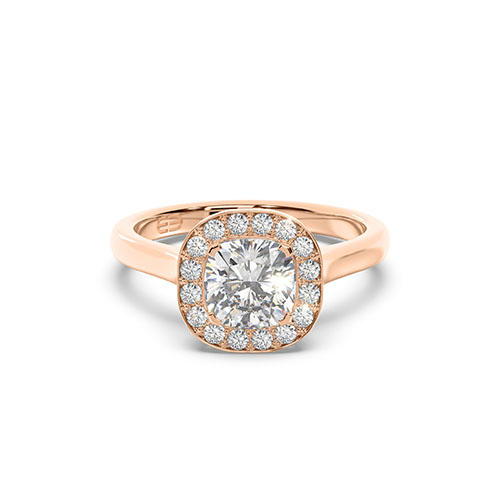 18ct Rose Gold Cushion Cut Basket Style Halo Engagement Ring